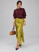 Casual Sweater & Lace Trim Asymmetric Maxi Skirt Two Piece Set