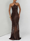 Elegant Lace-Trim Halter Satin Maxi Dress
