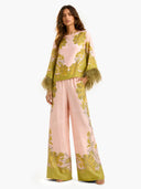 Exquisite Floral Feather Trim Crop Top & Wide Leg Pants Two-Piece Set