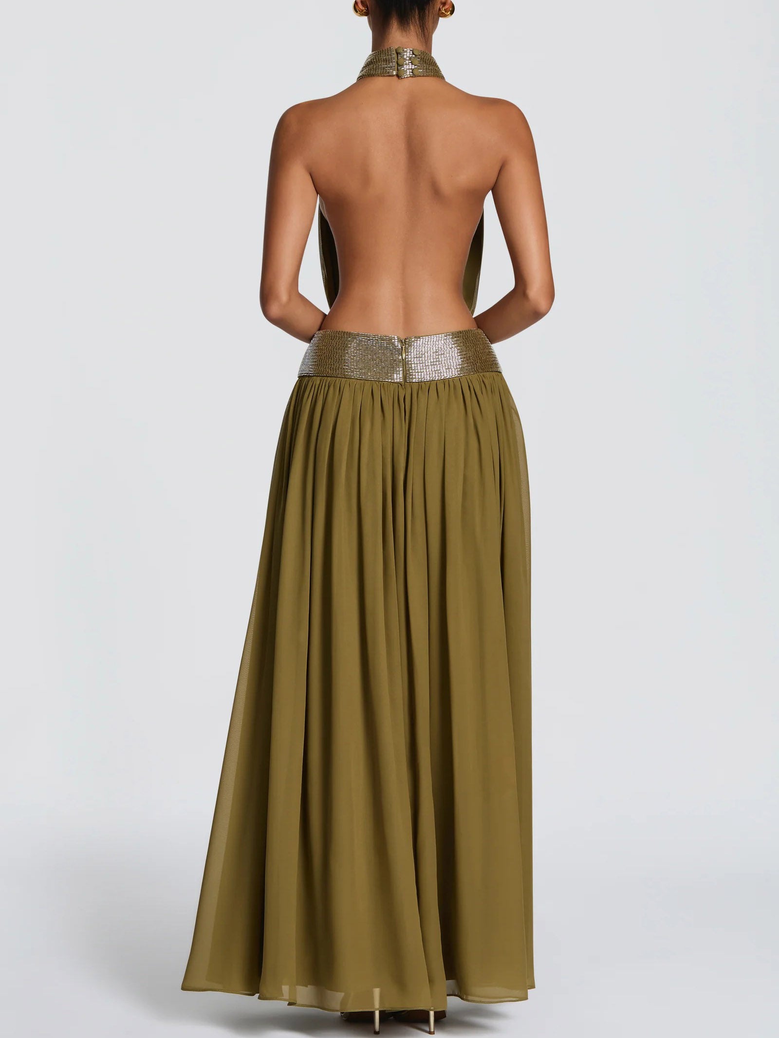 Elegant Halter Neck Sequin Chiffon Maxi Dress