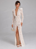 Sexy Floral Lace Lace-Up Slit Maxi Dress