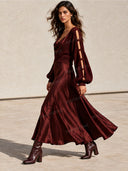 Elegant Knit Balloon Sleeve Sweater & Satin Cowl Neck Dress Two Piece Set