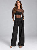 Tailored Blazer Vest Mesh Bodysuit Wide Leg Pants Three Piece Set