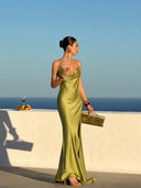 Elegant Green Draped Neckline Maxi Dress