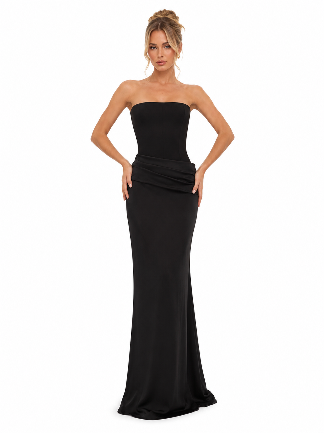 Elegant Strapless Draped Satin Maxi Dress