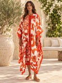 Elegant Self-Tie Satin Print Flowing Kaftan Maxi Dress
