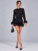 Elegant Feather Trim Cropped Jacket & Mini Skirt Set