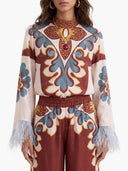 Retro Print Satin Feather Trim Top & Wide-Leg Pants Two-Piece Set