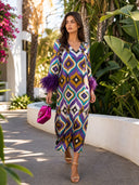 Elegant Geometric Print Feather Cuff Satin Maxi Dress