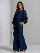 Elegant Floral Long-Sleeve Top and Wide-Leg Pants Two-Piece Set