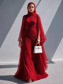 Elegant Pleated High-Neck Cape Sleeve Chiffon Maxi Dress