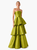 Elegant Strapless Tiered Ruffle Satin Maxi Dress