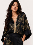 Elegant Butterfly Print Zip Shirt