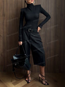 Elegant Mock Neck Bodysuit & Wide Leg Pants Two Piece Set