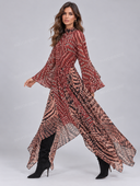 Elegant Printed High Neck Flare Sleeve Maxi Dress