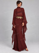 Cape Sleeve Embellished Waist Maxi Dress