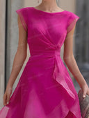 Elegant Organza Pleated Waist Ruffle Midi Dress
