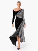 Metallic Color Block Off Shoulder Pleated Maxi Dress