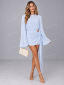 Elegant Ruched Waist Long Sleeve Mini Dress