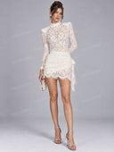 Elegant High Neck Lace Ruched Mini Dress