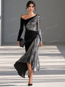 Metallic Color Block Off Shoulder Pleated Maxi Dress