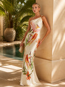 Elegant One-Shoulder Floral Print Satin Maxi Dress