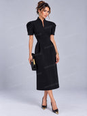 Structured Puff Sleeve Stand Collar Midi Dress