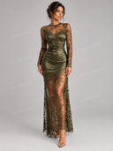 Elegant Sheer Lace Satin Bodycon Maxi Dress