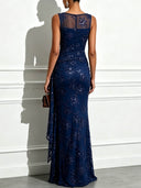 Elegant Floral Embroidered Mesh Ruched Maxi Dress