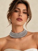 Crystal Embellished Multi Row Statement Choker Necklace