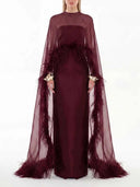 Elegant Feather Trim Chiffon Shawl Black Satin Maxi Dress