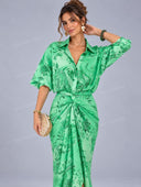 Casual Paisley Satin Shirt & Twist Wrap Skirt Set