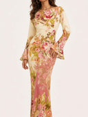 Elegant Floral Print Satin Maxi Dress