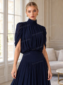 Elegant High Neck Pleated Cape Sleeve Maxi Dress