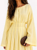 Elegant Pleated Long Sleeve Pocket Maxi Dress