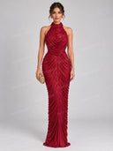 Elegant Metallic Halter Neck Ruched Maxi Dress