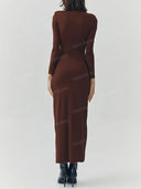 Ruched High Neck Long Sleeve Slit Maxi Dress