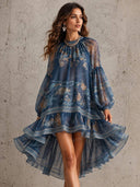 Retro Floral Sheer Sleeve Ruffle High-Low Dress