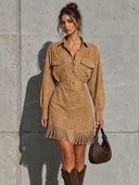 Retro Suede Fringe Belted Shirt Mini Dress