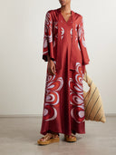 Unique Abstract Peacock Floral Print Flare Sleeve Maxi Dress