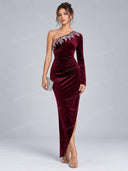 Elegant Embellished One Shoulder Ruched Velvet Maxi Dress