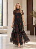 Casual Tie-Neck Multi-Layer Printed Maxi Dress