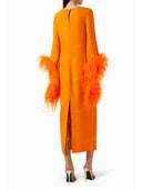 Elegant Feather Cuff Long Sleeve Maxi Dress