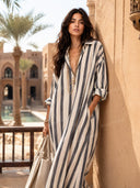 Deep V-Neck Stripe Printed Shirt Dress