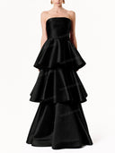 Elegant Strapless Tiered Ruffle Satin Maxi Dress