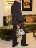 Feather Trim Double Breasted Blazer & Wide Leg Pants Two Piece Set