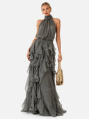 Elegant Halter Neck Ruffle Chiffon Flowy Maxi Dress