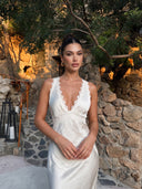 Exquisite Modern Day Glam Satin Lace Trim V-neck Cross Back Maxi Dress