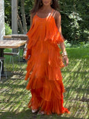 Elegant One-Shoulder Backless Tiered Fringe Maxi Dress
