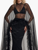Elegant Sheer Feather Trim Top & Mermaid Maxi Skirt Two-Piece Set